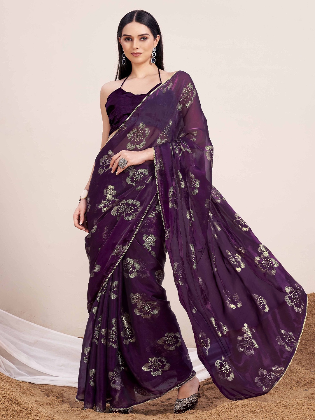 

Tikhi Imli Floral Embroidered Sequinned Saree, Purple