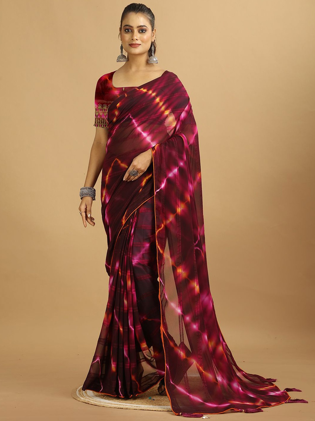 

A.V.M. SILK MILLS Tie and Dye Saree, Maroon