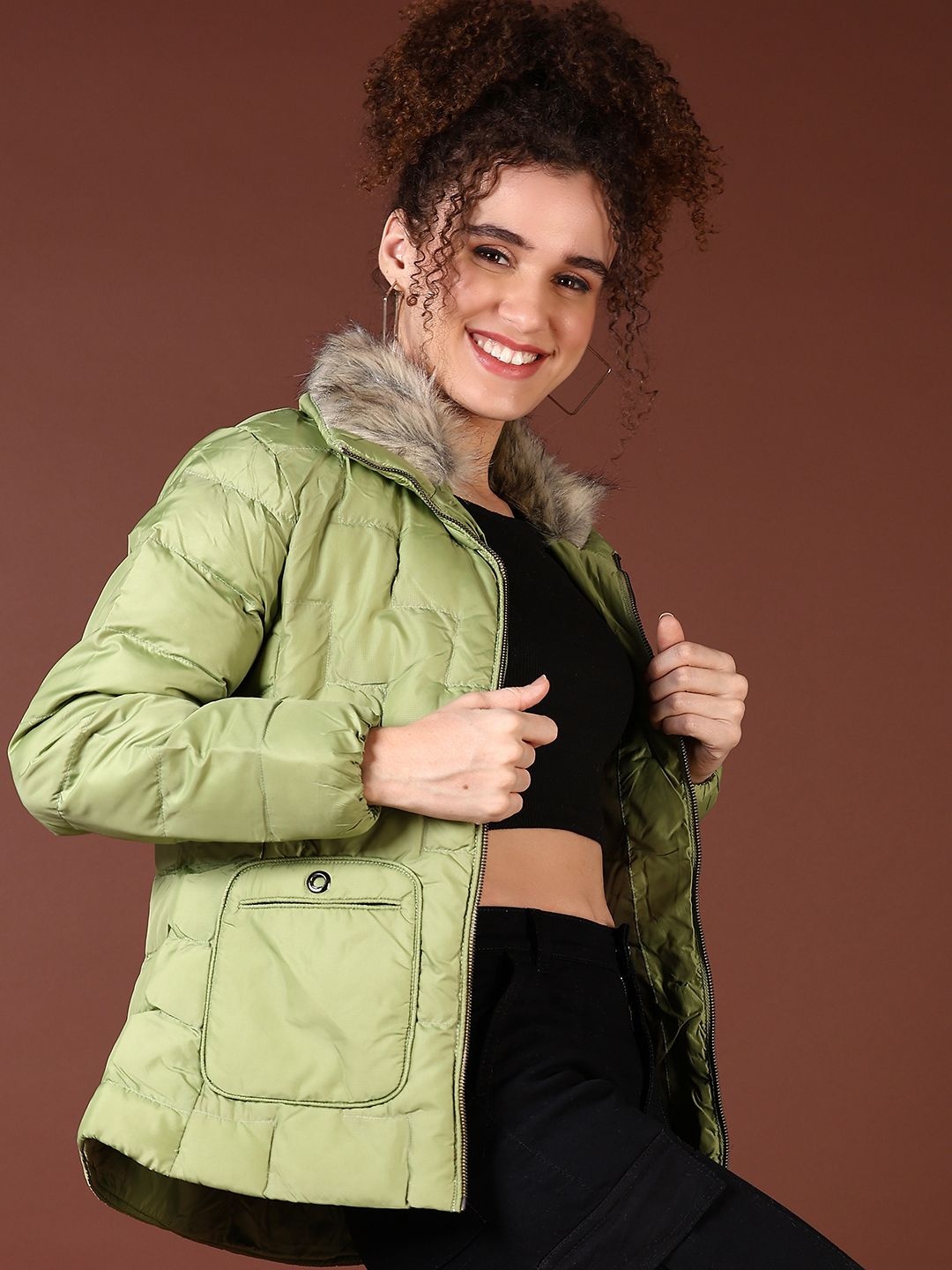 

V-Mart Women Mock Collar Solid Cotton Casual Parka Jacket, Olive