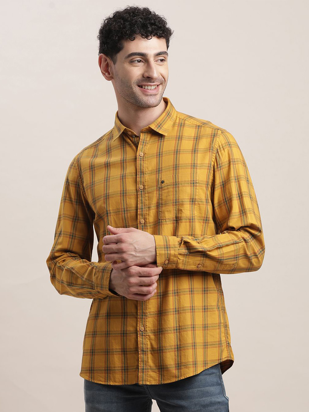 

Turtle Men Relaxed Fit Spread Collar Tartan Checked Cotton Casual Shirt, Yellow
