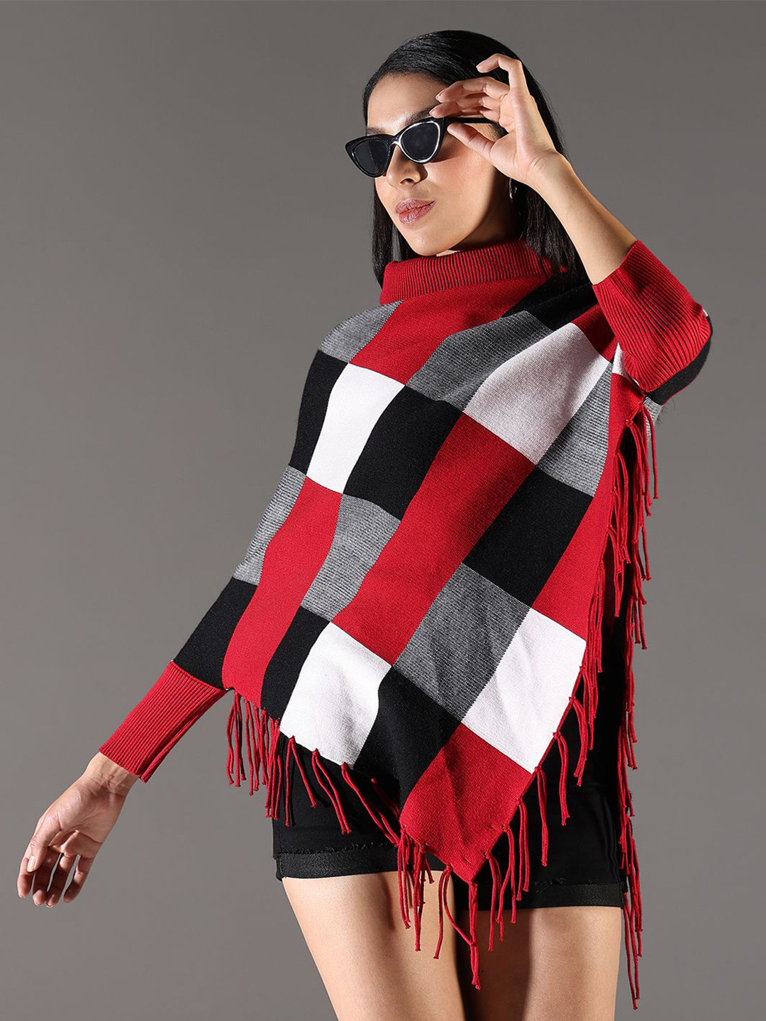 

SHOWOFF Women Checked Longline Poncho with Fringed Detail, Red