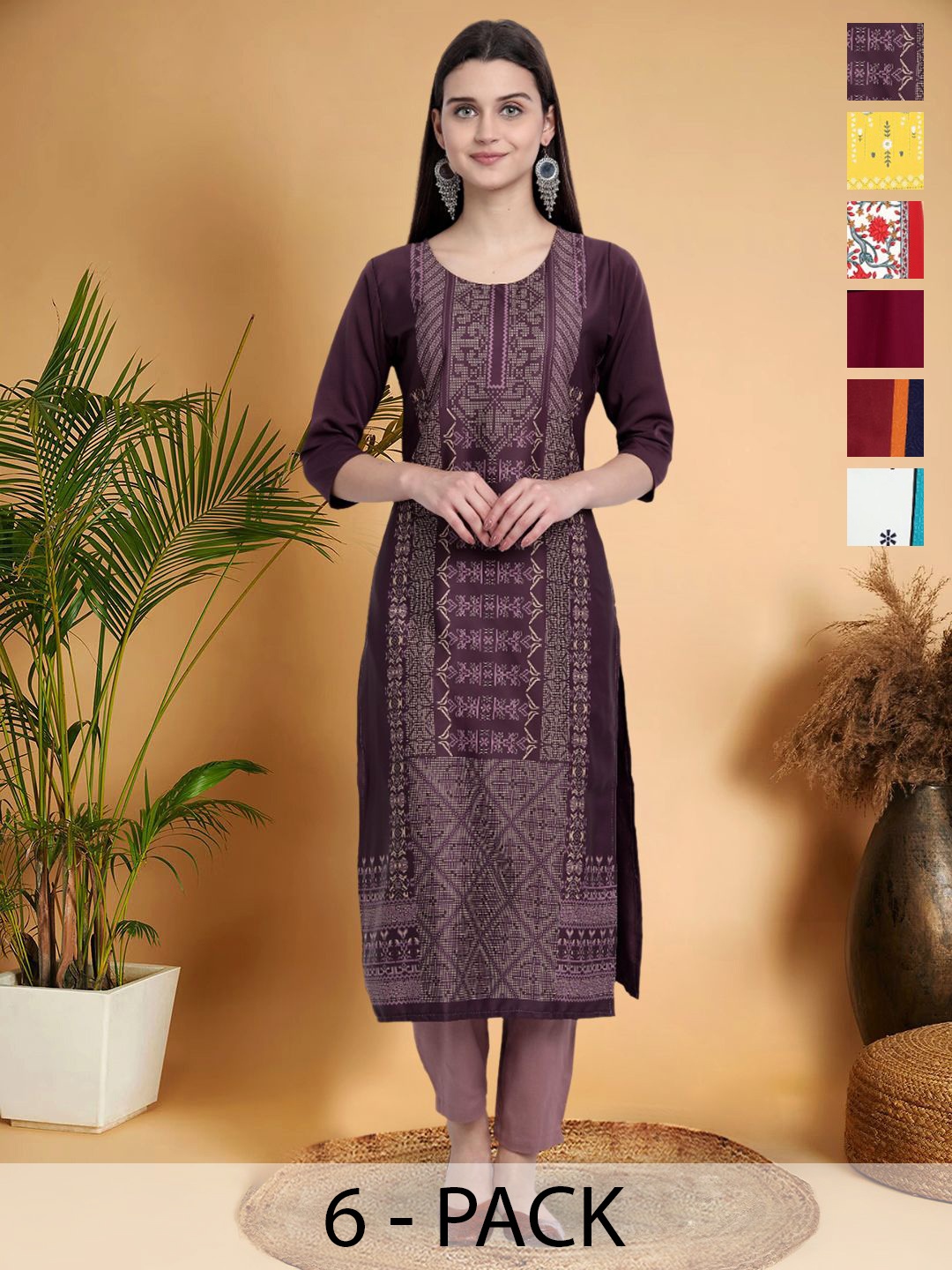 

7Threads Selection Of 6 Ethnic Motifs Printed Round Neck Kurtas, Purple