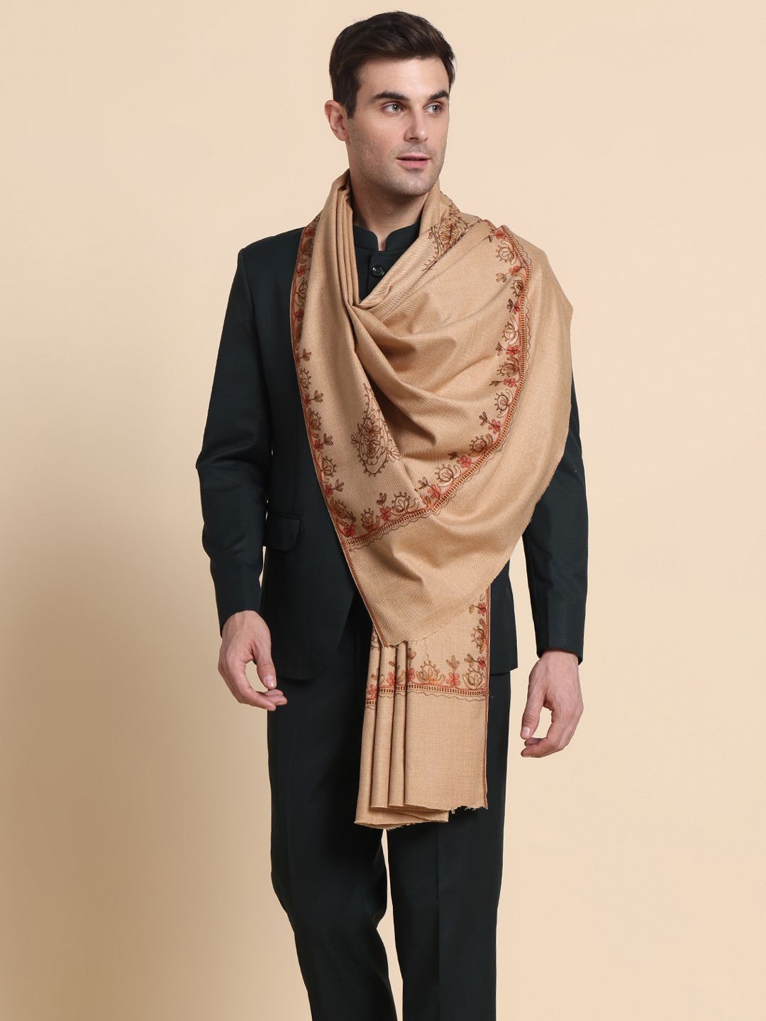 

WEAVERS VILLA Men Floral Embroidered Shawl, Beige