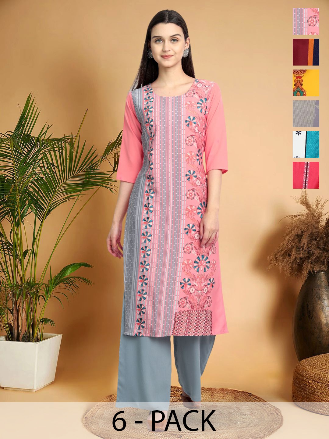 

7Threads Selection Of 6 Geometric Printed Round Neck Straight Kurta, Pink