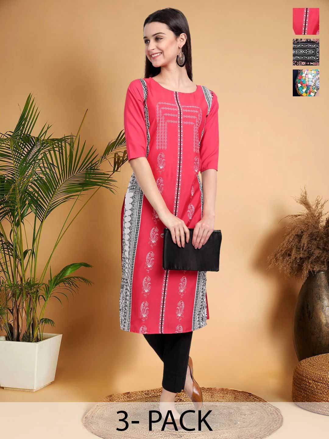 

7Threads Selection Of 3 Ethnic Motifs Printed Round Neck Kurtas, Pink