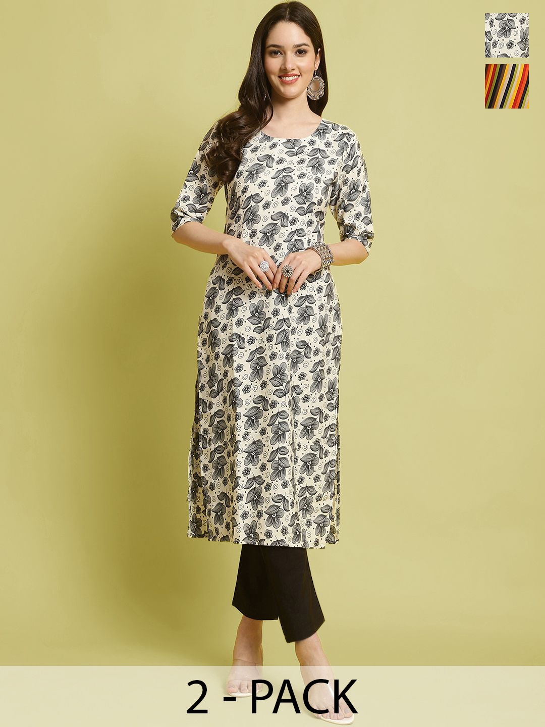 

7Threads Selection Of 2 Floral Printed Straight Kurta With Trousers, White