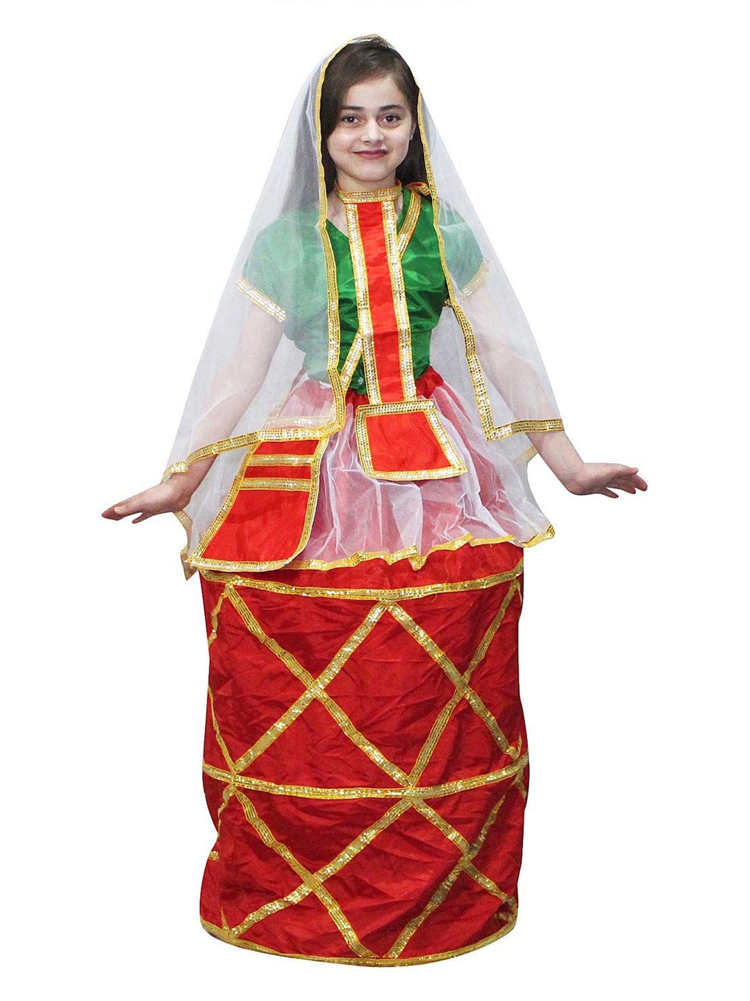 

Kaku Fancy dresses Girls Manipuri Folk Dance Costume Top With Skirt & Head Band, Red