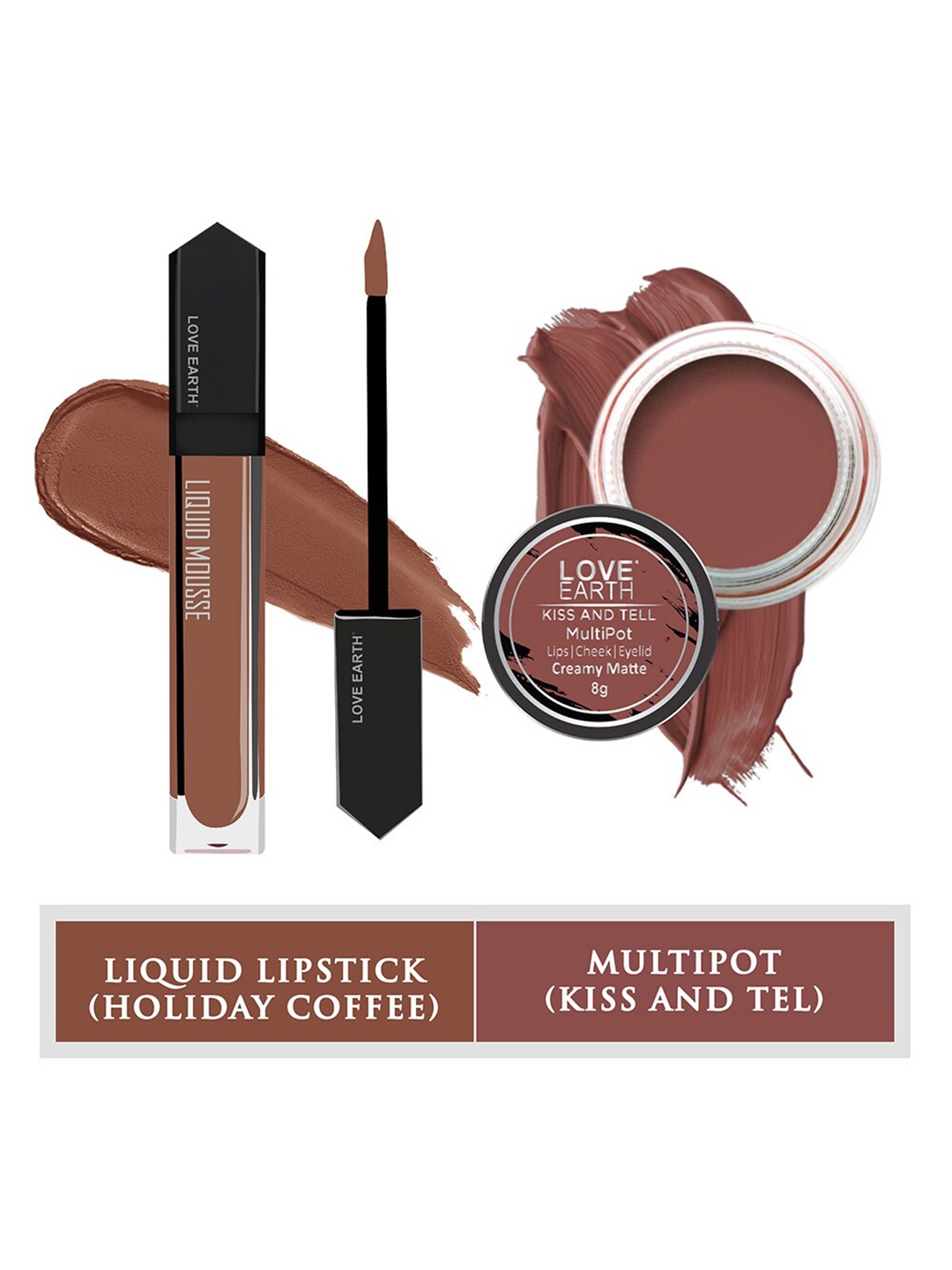 

LOVE EARTH Set Of 2 Liquid Mousse Matte Lipstick - 6ml-Lip Tint & Cheek Tint Multipot - 8g, Coffee brown