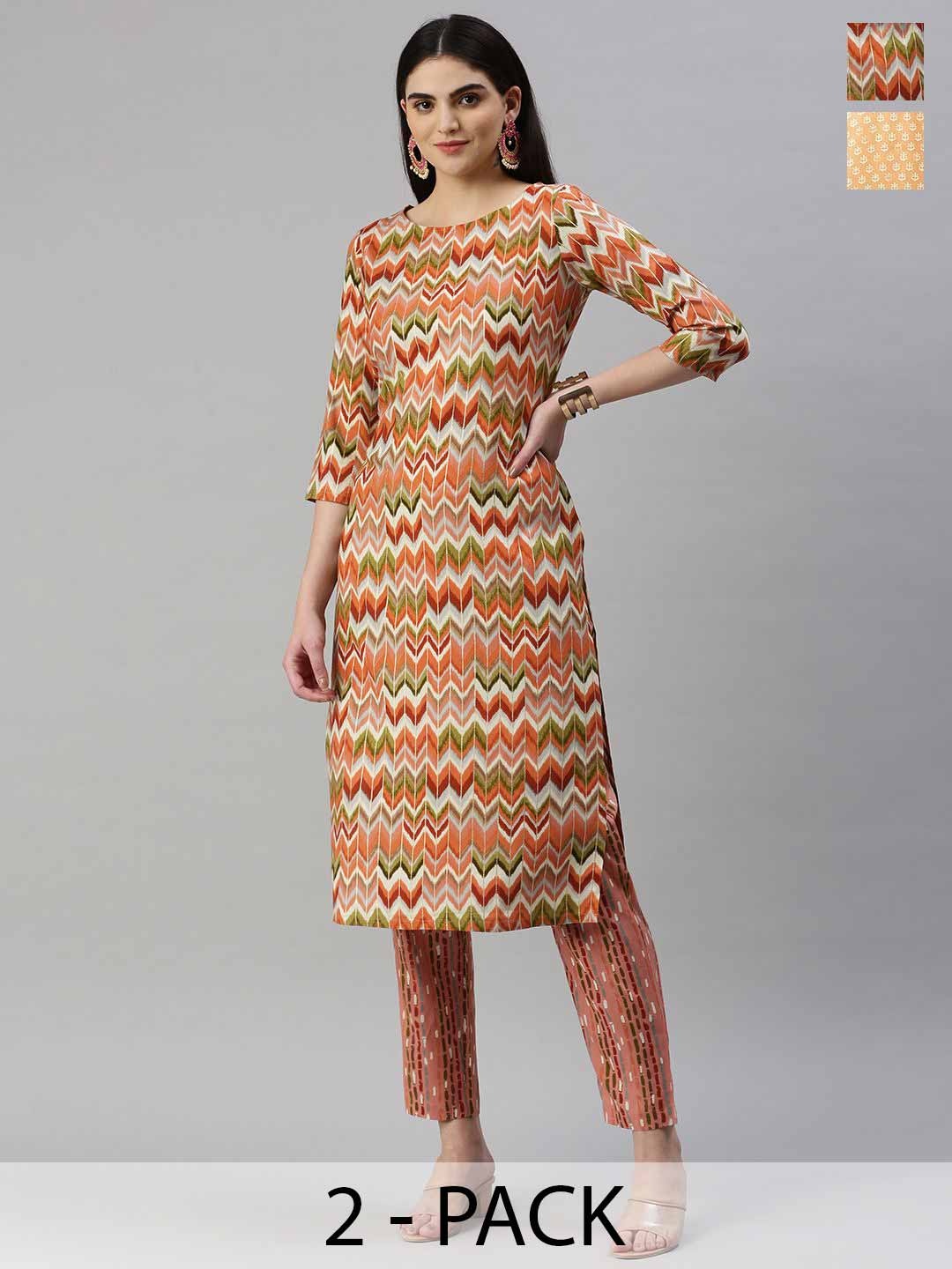 

KALINI Selection Of 2 Chevron Printed Straight Kurtas With Trousers, Rust