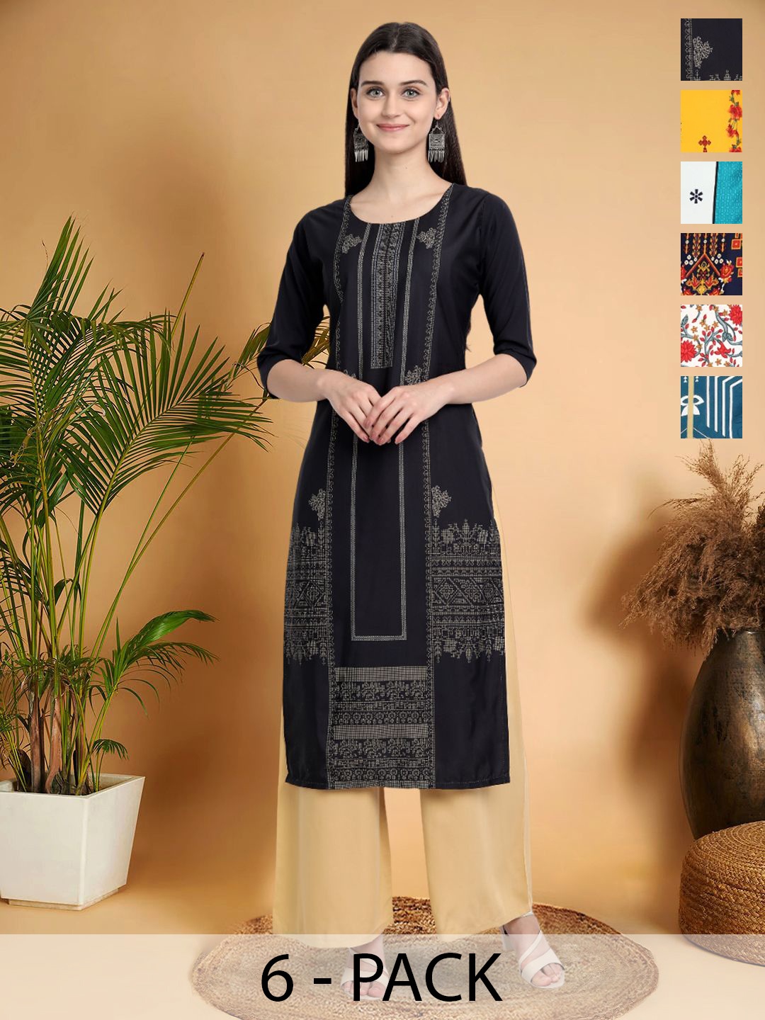 

7Threads Women Ethnic Motifs Printed Thread Work Floral Crepe Kurta, Black