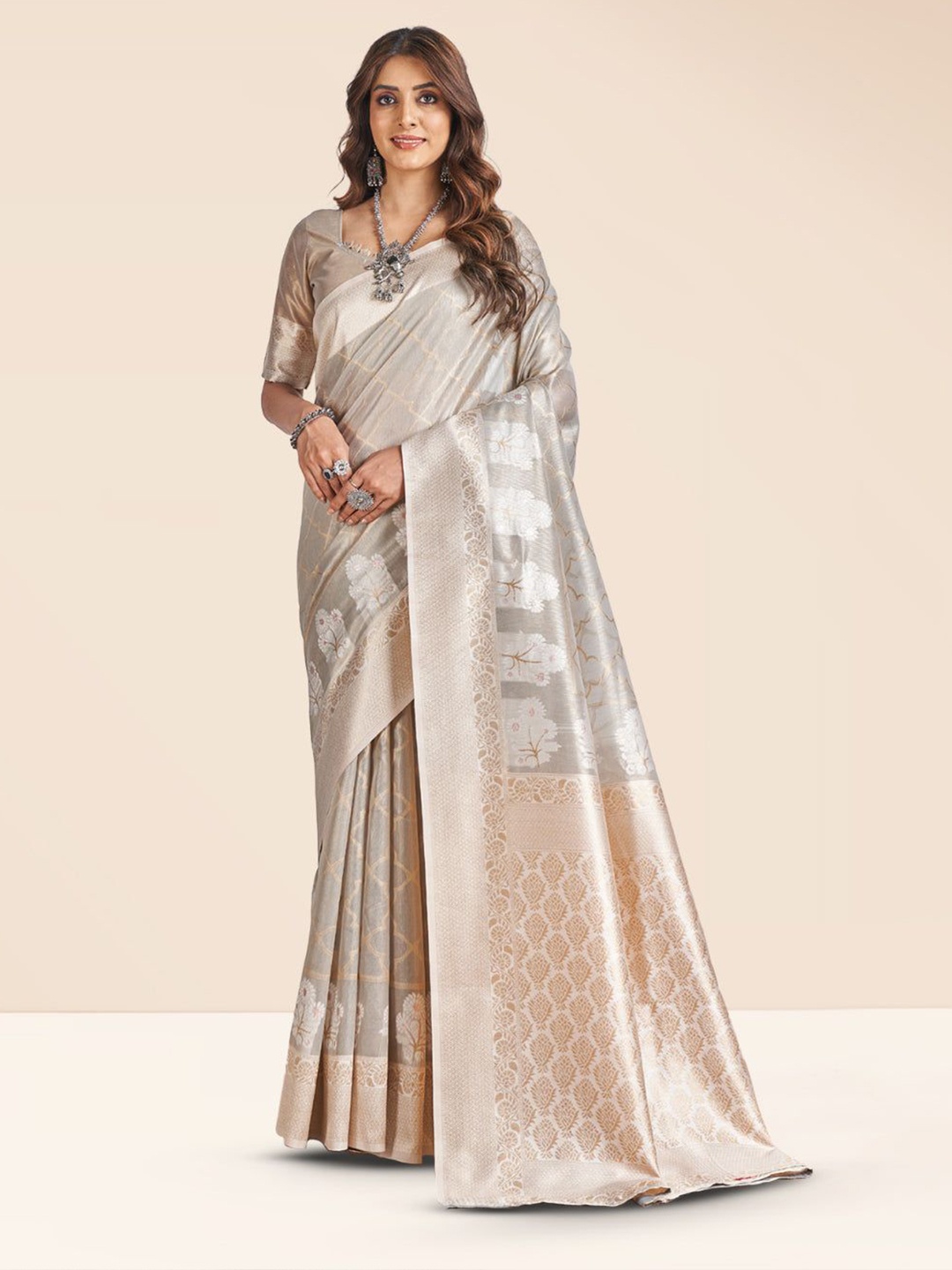 

NK Textiles Ethnic Motifs Zari Tissue Kasavu Saree, Grey