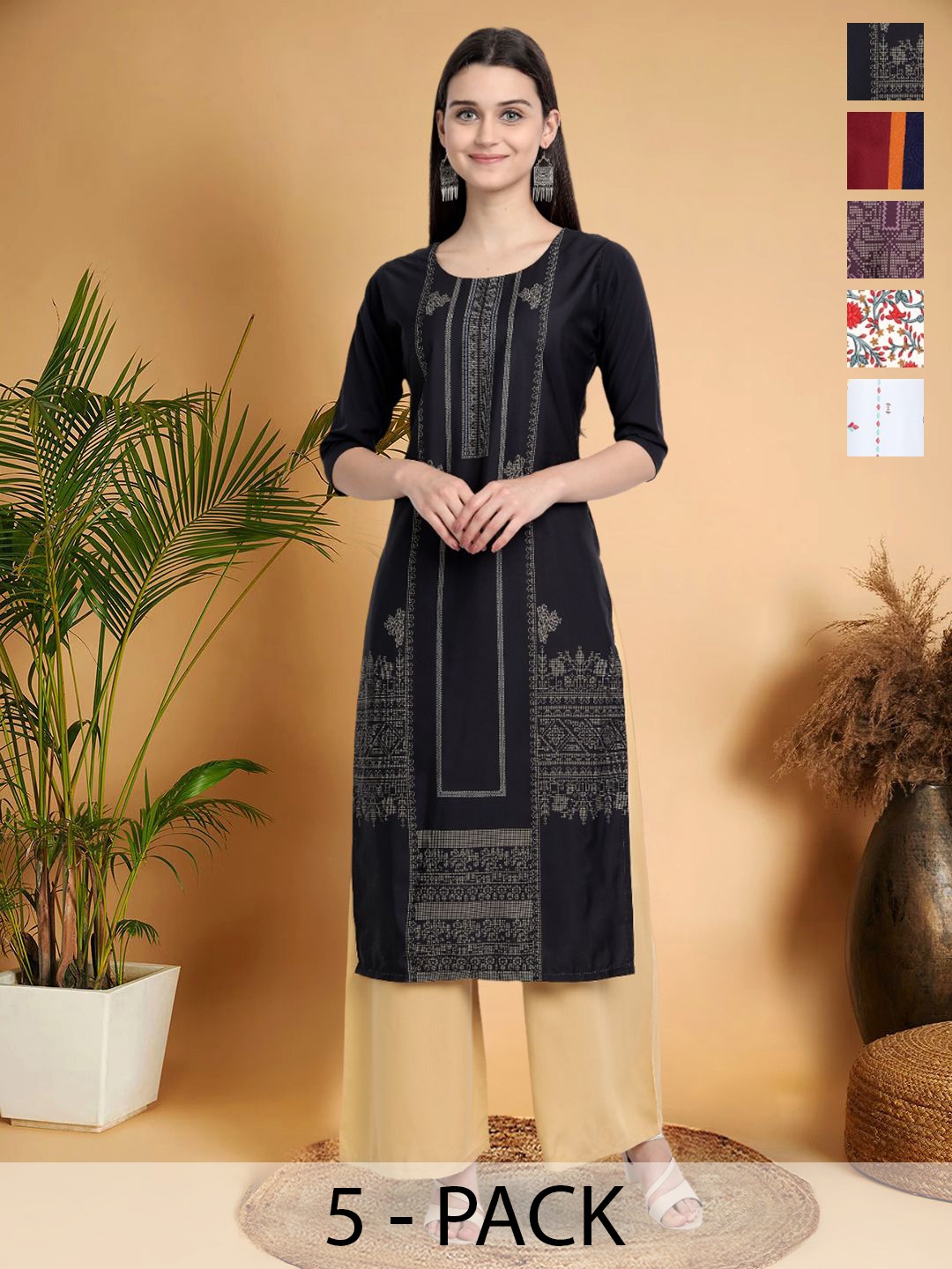 

7Threads Selection Of 6 Ethnic Motifs Printed Round Neck Straight Kurtas, Black