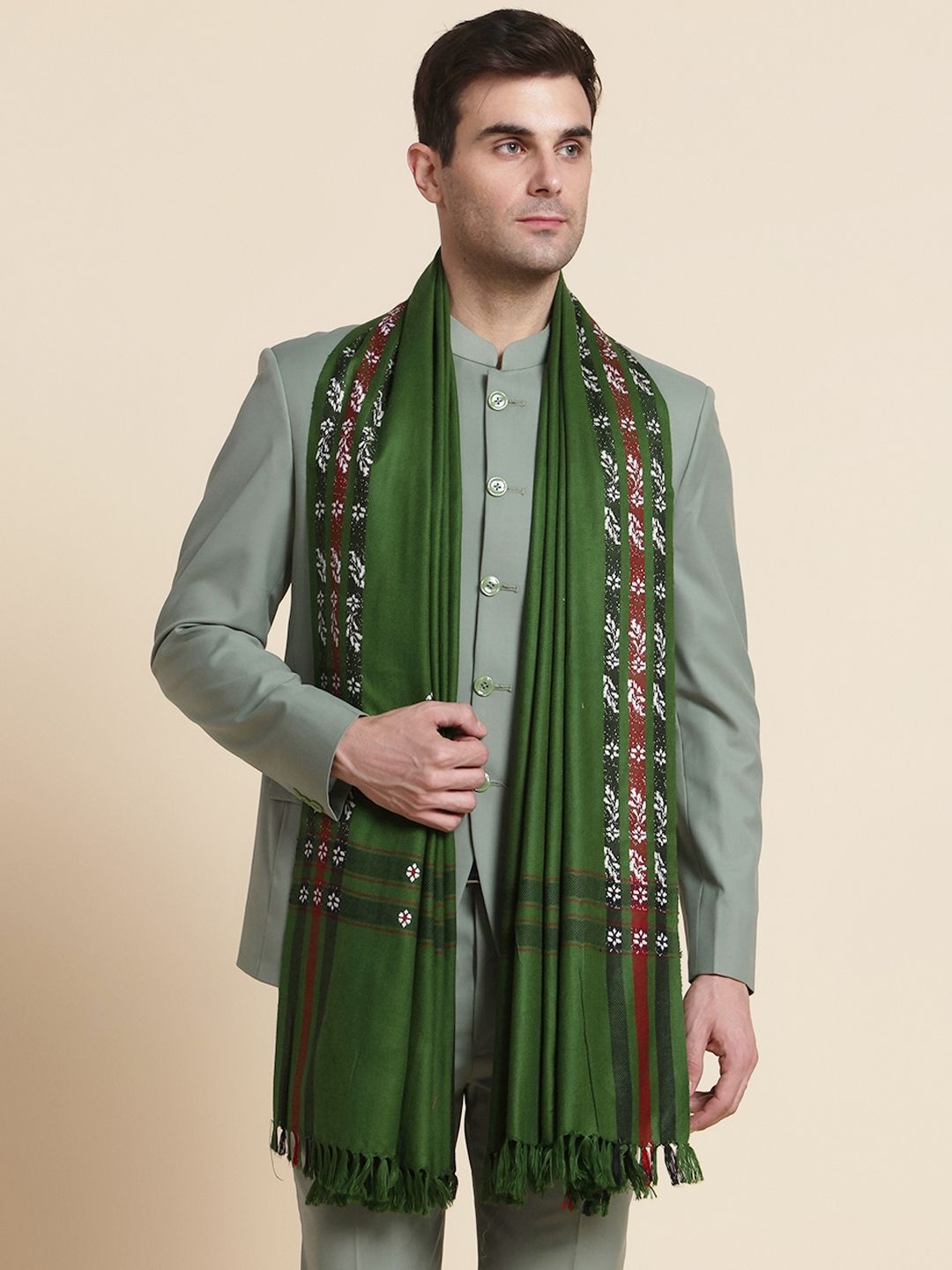 

WEAVERS VILLA Men Floral Woven Design Shawl, Olive