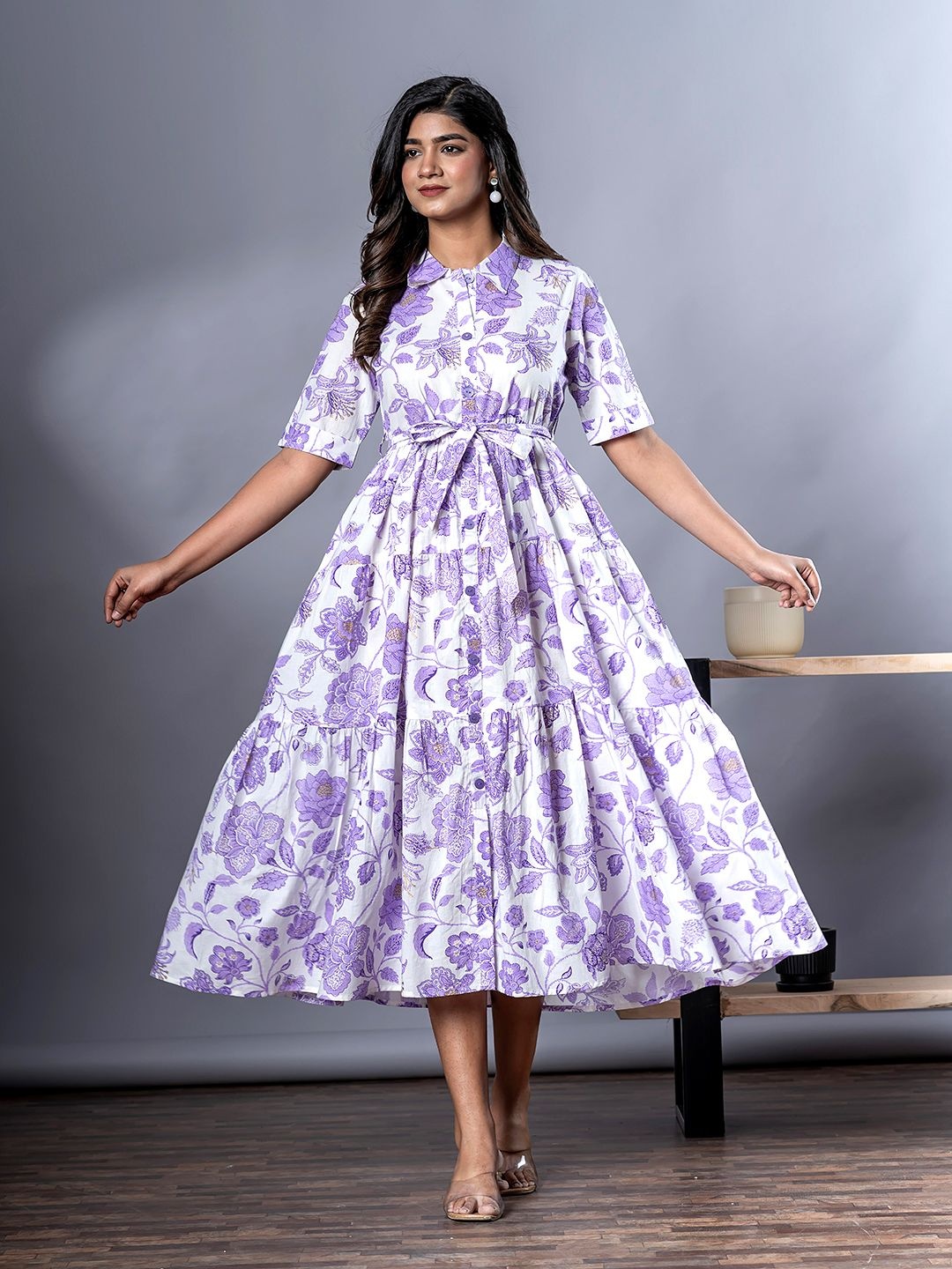 

KALINI Floral Print Tiered Pure Cotton Fit & Flare Midi Dress, Purple