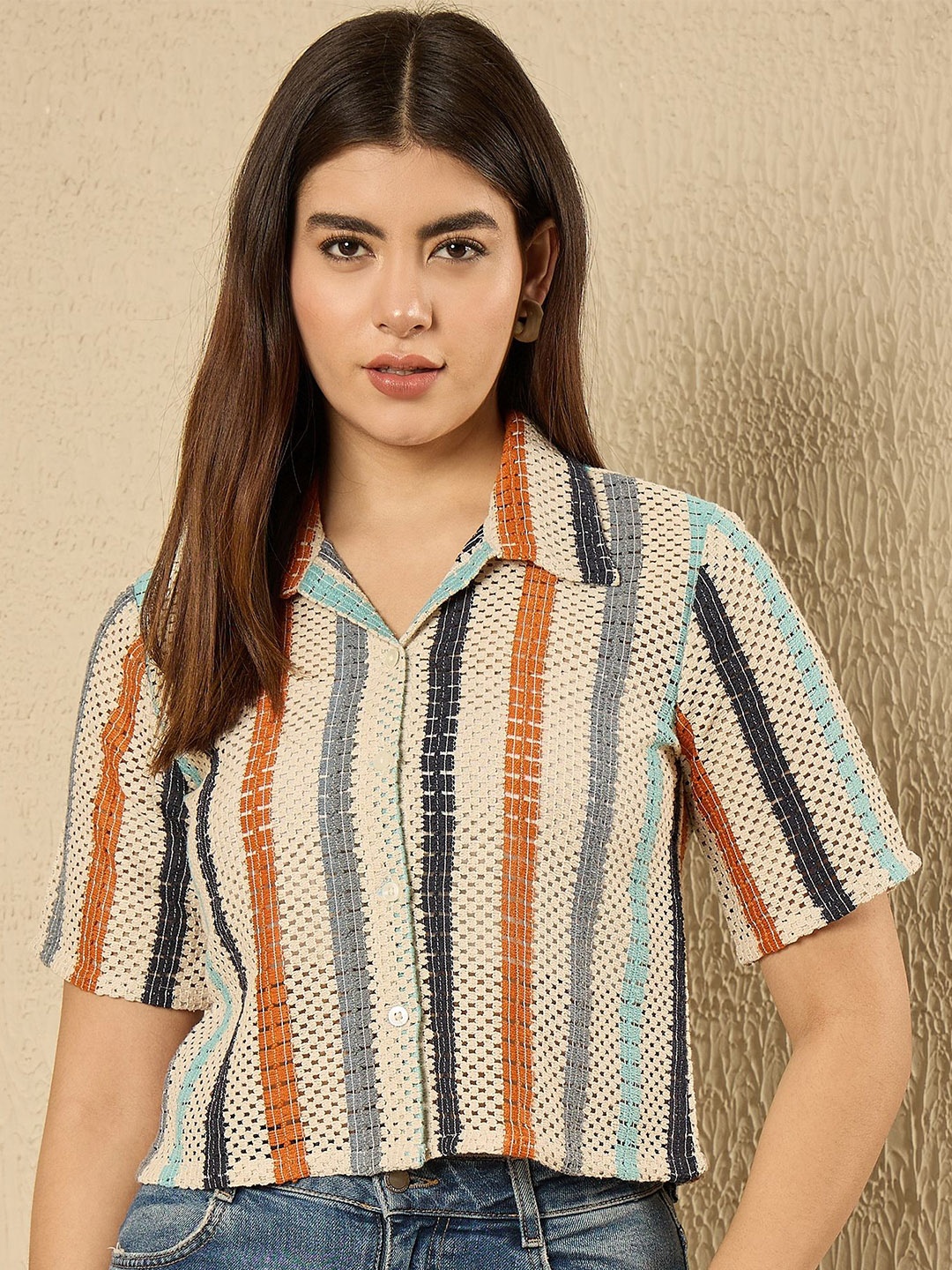 

all about you Women Cutaway Collar Vertical Striped Cotton Boxy Casual Shirt, Beige