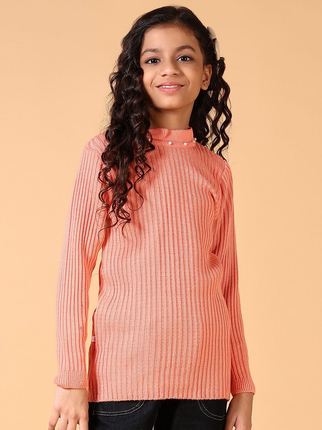 

V-Mart Girls Round Neck Ribbed Pullover, Peach