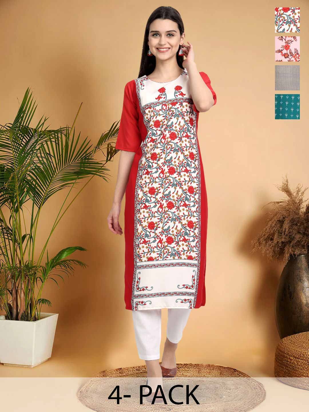 

7Threads Selection Of 3 Floral Printed Round Neck Straight Kurtas, Red