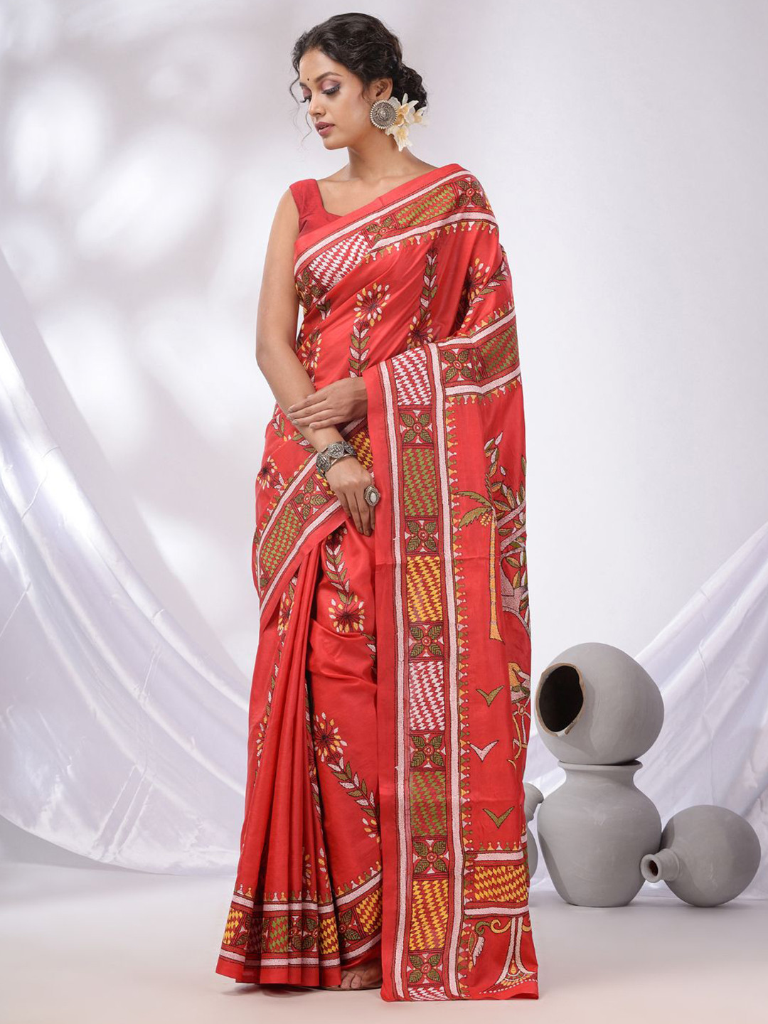 

Charukriti Women Ethnic Motifs Kantha Work Saree, Red