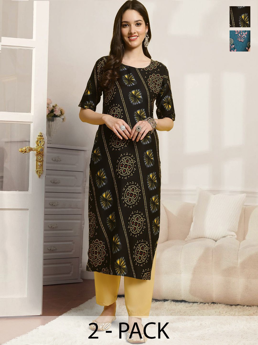 

7ThreadsSelection Of 2 Ethnic Motifs Printed Round Neck Straight Kurtas With Trousers, Teal