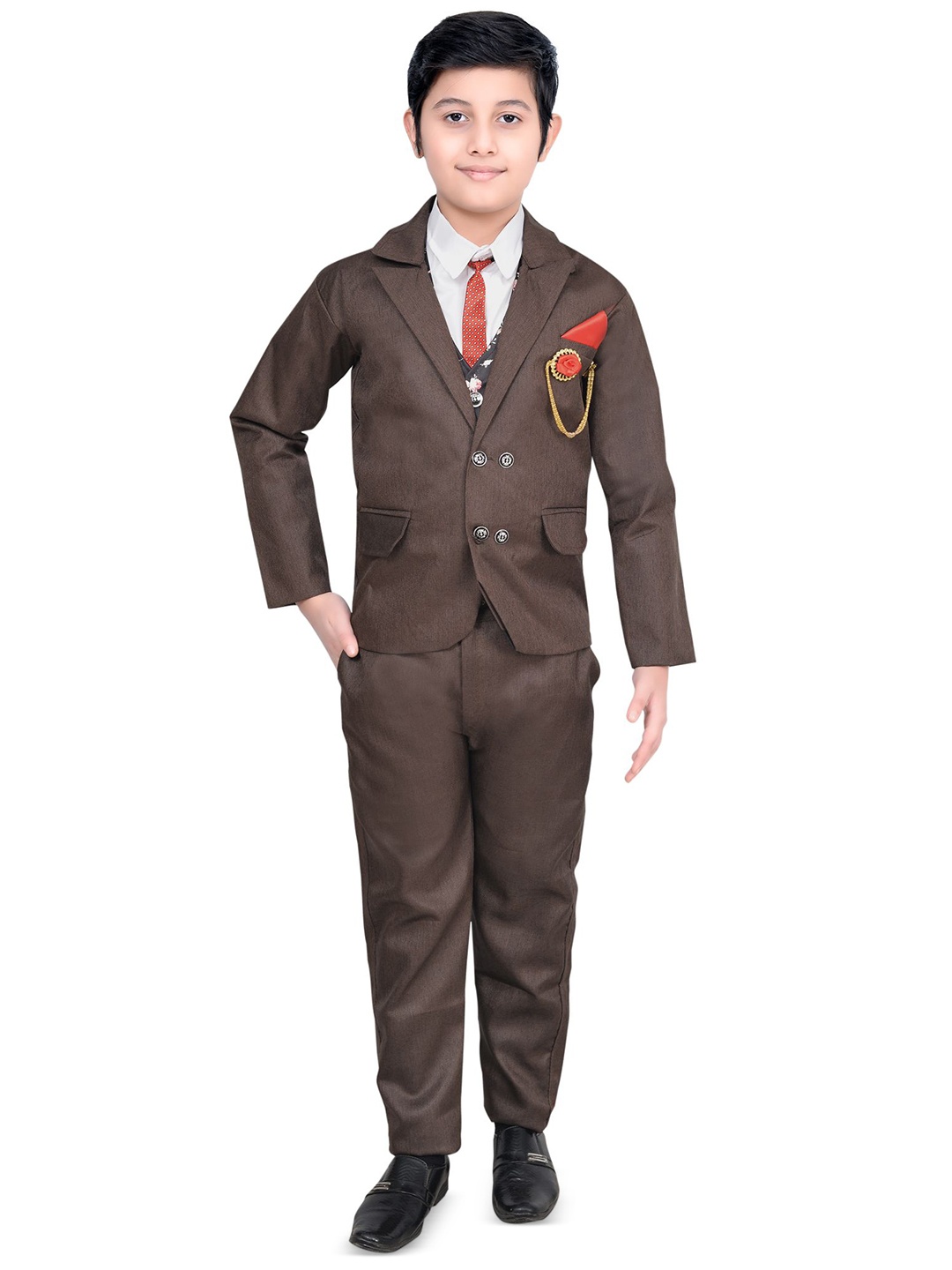 

AJ STYLES Boys Notched Lapel Collar Balzer With Waistcoat And Trouser 4-Piece Suits, Coffee brown