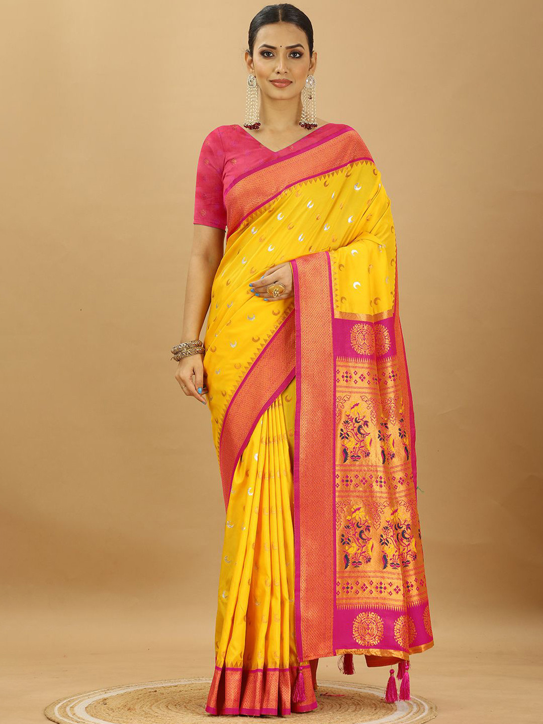 

SWAMI STUDIO Woven Design Zari Pure Silk Paithani Saree, Yellow