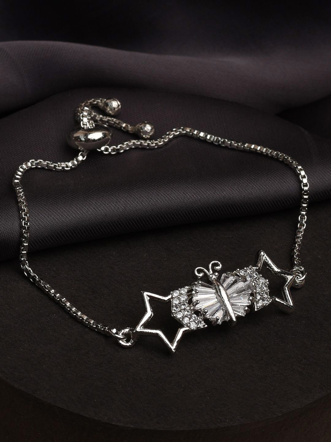 

XPNSV Silver-Plated American Diamond Studded Star Shaped Charm Bracelet