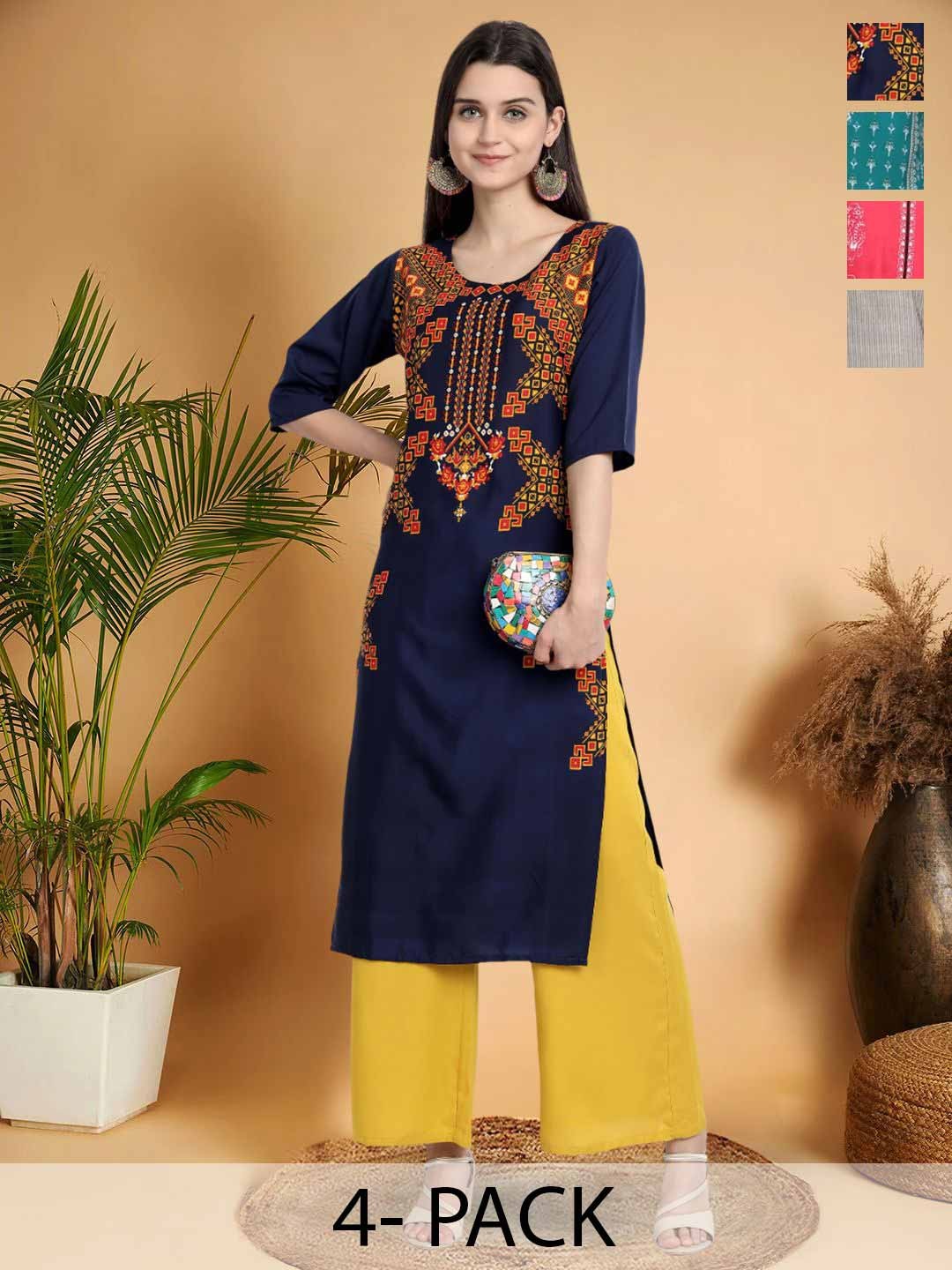 

7Threads Selection Of 4 Ethnic Motif Printed Round Neck Straight Kurtas, Navy blue