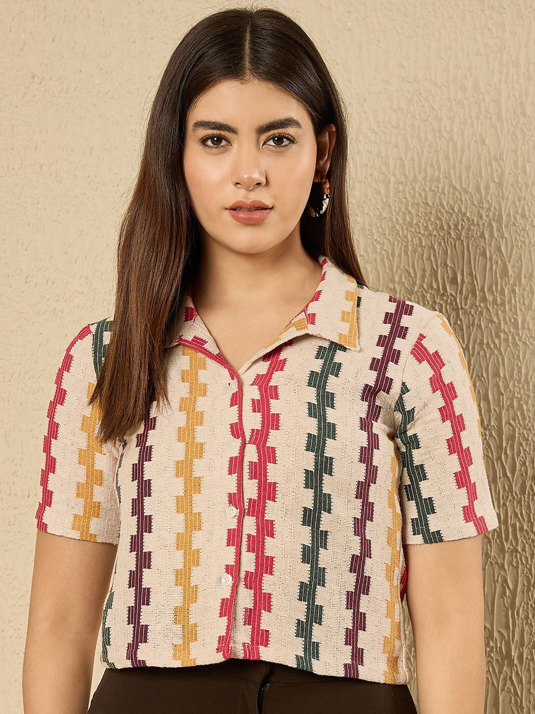 

all about you Women Cutaway Collar Vertical Striped Cotton Casual Shirt, Beige