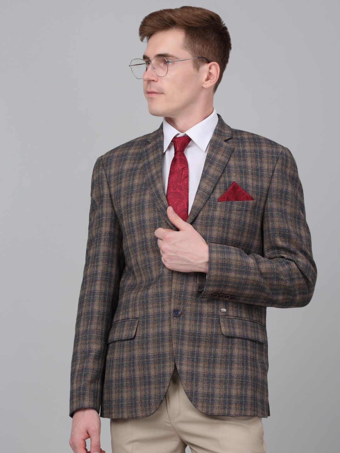 

Cantabil Checked Notched Lapel Single Breasted Blazer, Brown