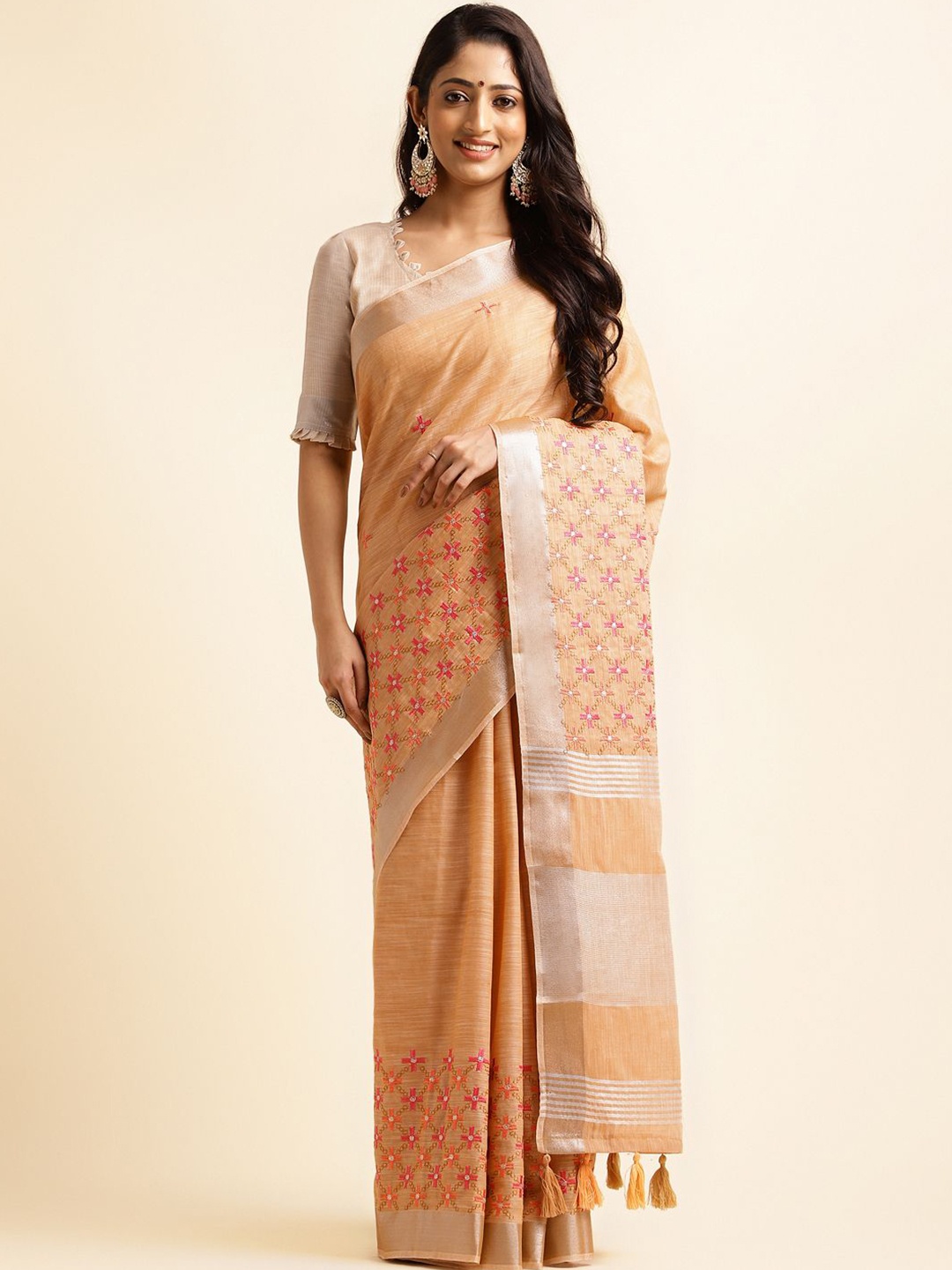 

A.V.M. SILK MILLS Ethnic Motifs Zari Pure Cotton Saree, Orange