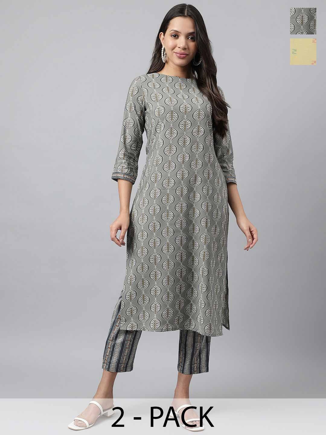 

KALINI Selection of 2 Ethnic Motif Printed Round Neck Straight Kurtas With Trousers, Grey