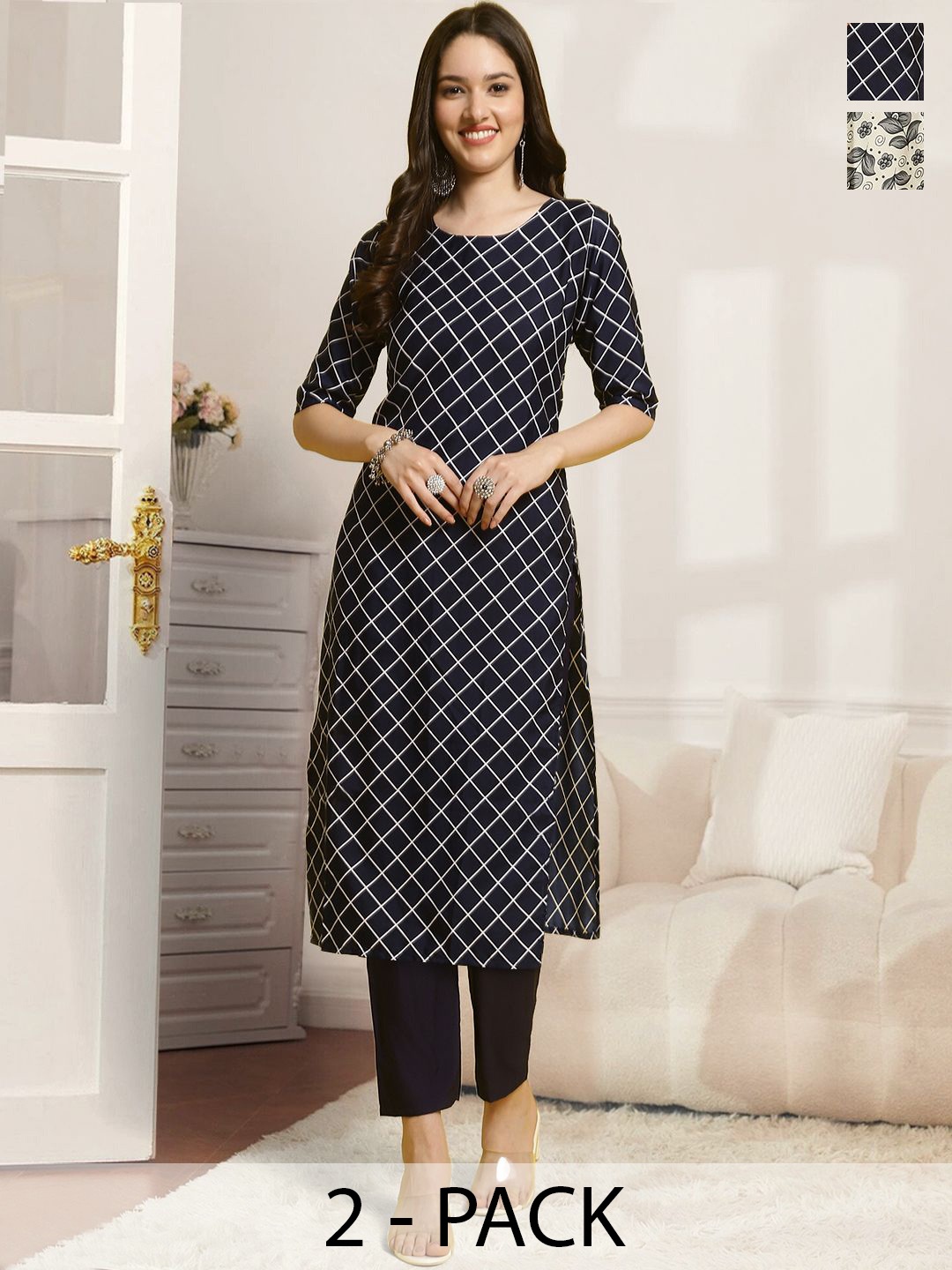 

7Threads Selection Of 2 Checked Printed Straight Kurtas With Trousers, Black