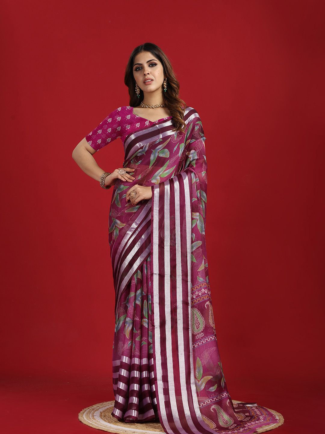 

A.V.M. SILK MILLS Floral Saree, Burgundy