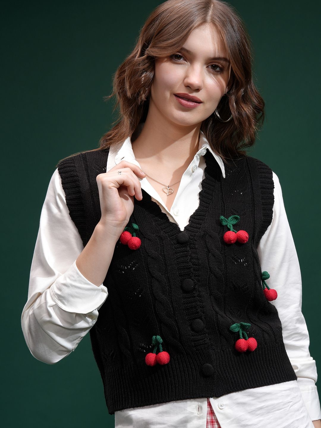 

ESPYR By Tokyo Talkies Women Embellished Sleeveless Cardigan Sweater, Black