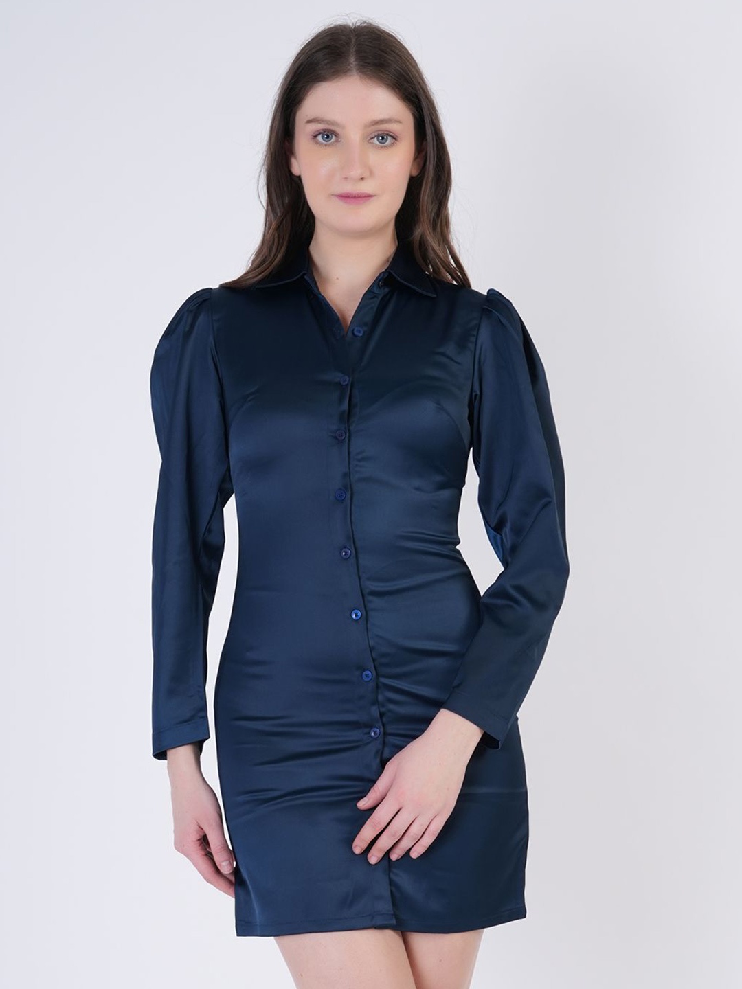 

BERIAMO Shirt Collar Puff Sleeves Satin Shirt Mini Dress, Navy blue