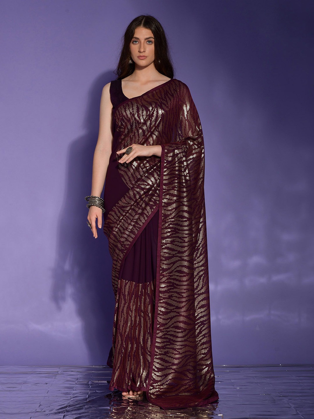 

Peachmode Embellished Sequinned Pure Georgette Saree, Purple