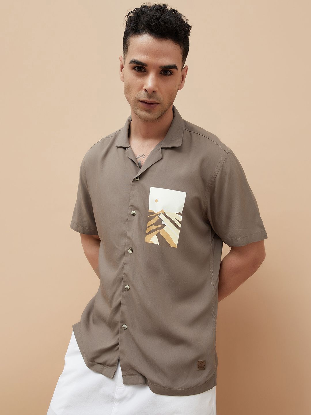 

CODE by Lifestyle Men Cuban Collar Graphic Printed Casual Shirt, Brown