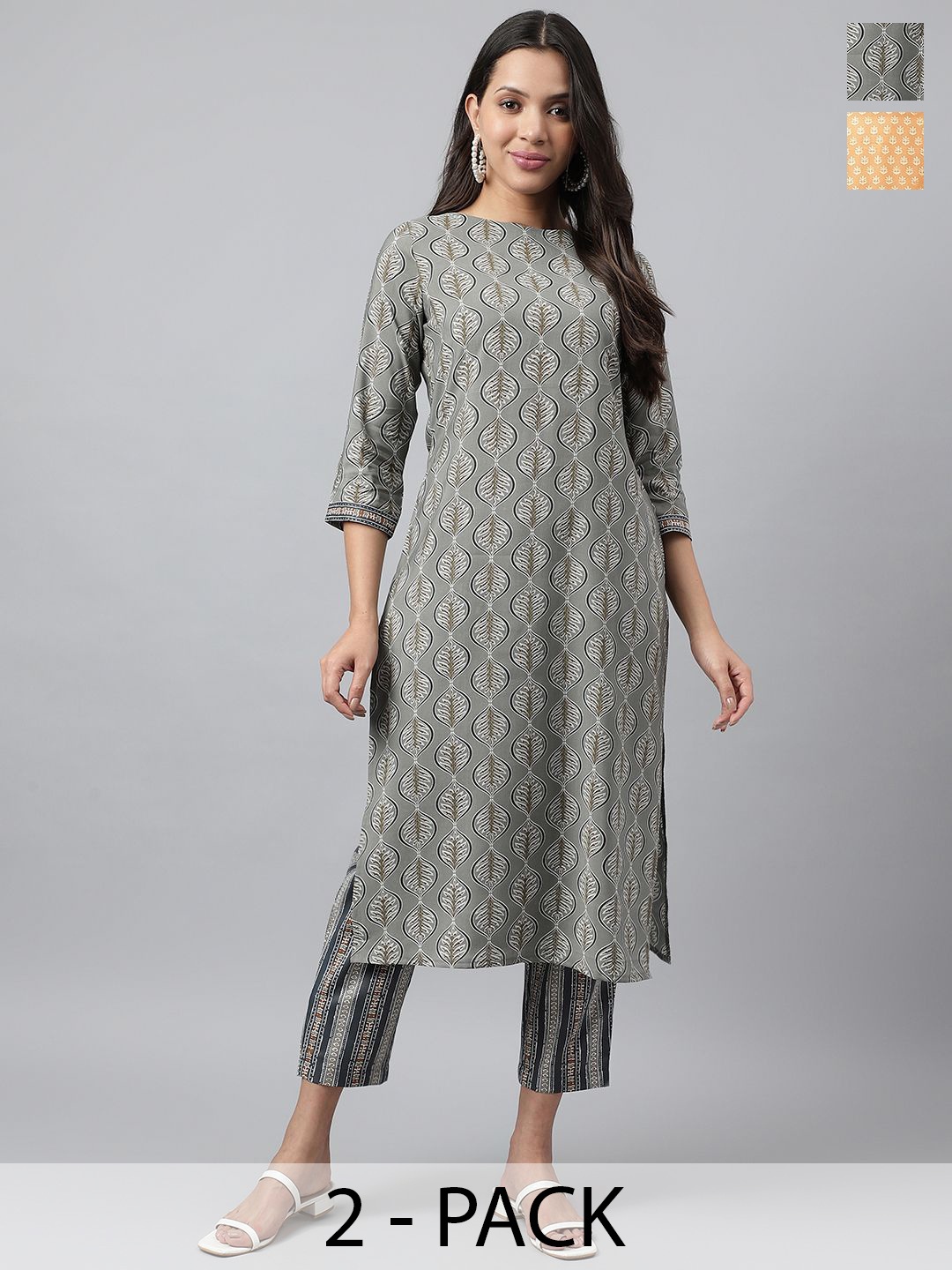 

KALINI Selection Of 2 Ethnic Motifs Printed Straight Kurtas With Trousers, Grey