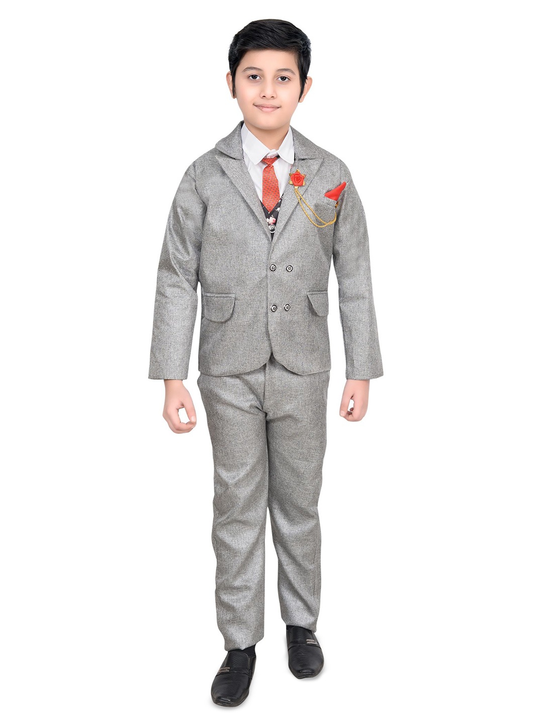 

SA COLLECTION Boys Notched Lapel Single-Breasted Party Four-Piece Suit, Grey