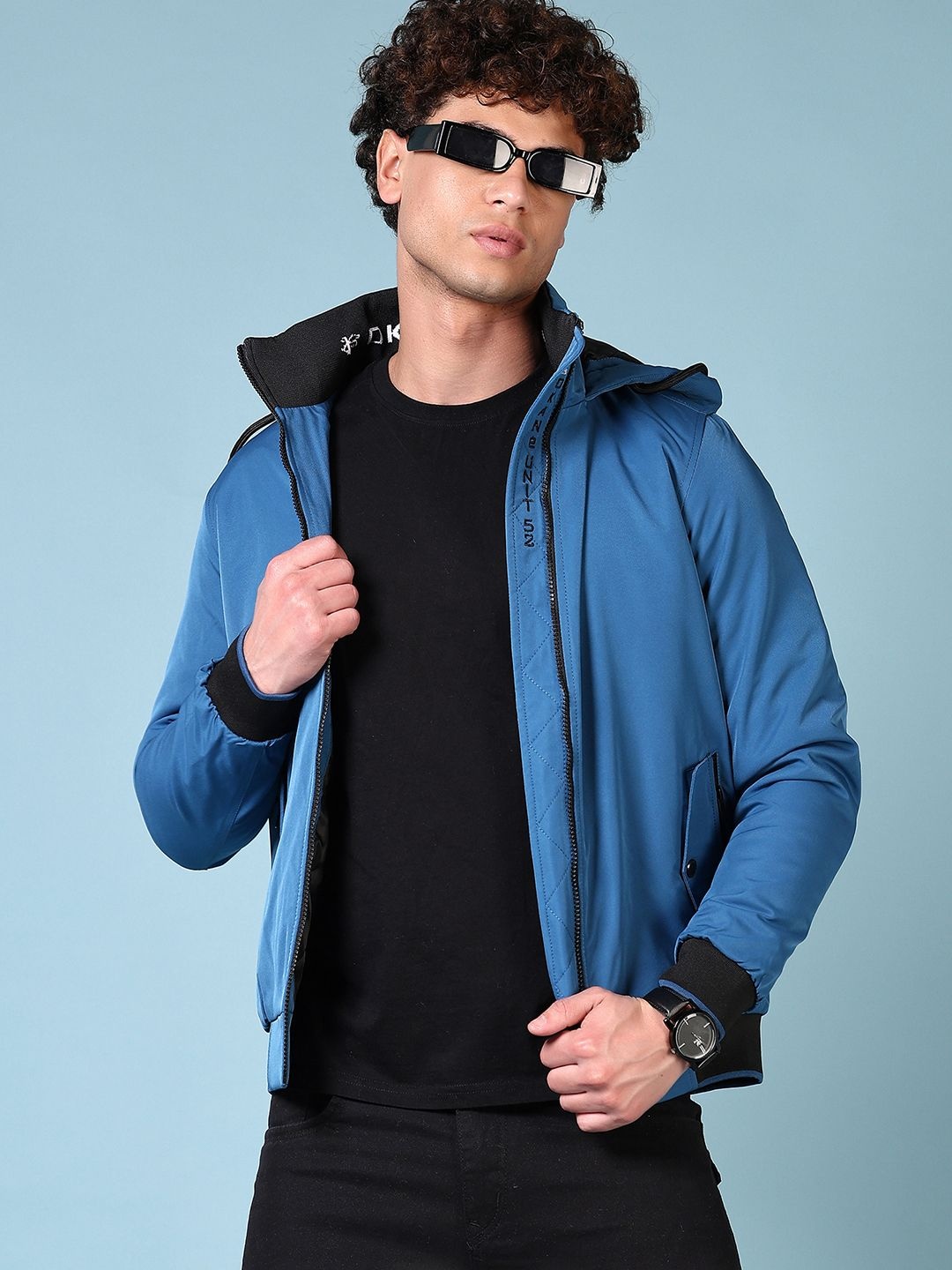 

V-Mart Men Hooded Solid Cotton Casual Bomber Jacket, Blue