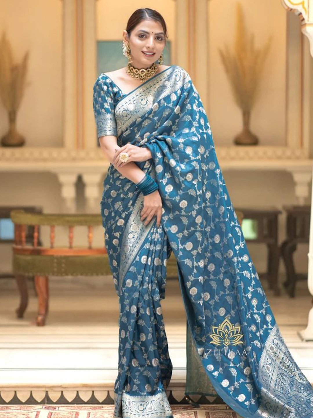 

zinzraa Ethnic Motifs Zari Pure Silk Kanjeevaram Saree, Teal