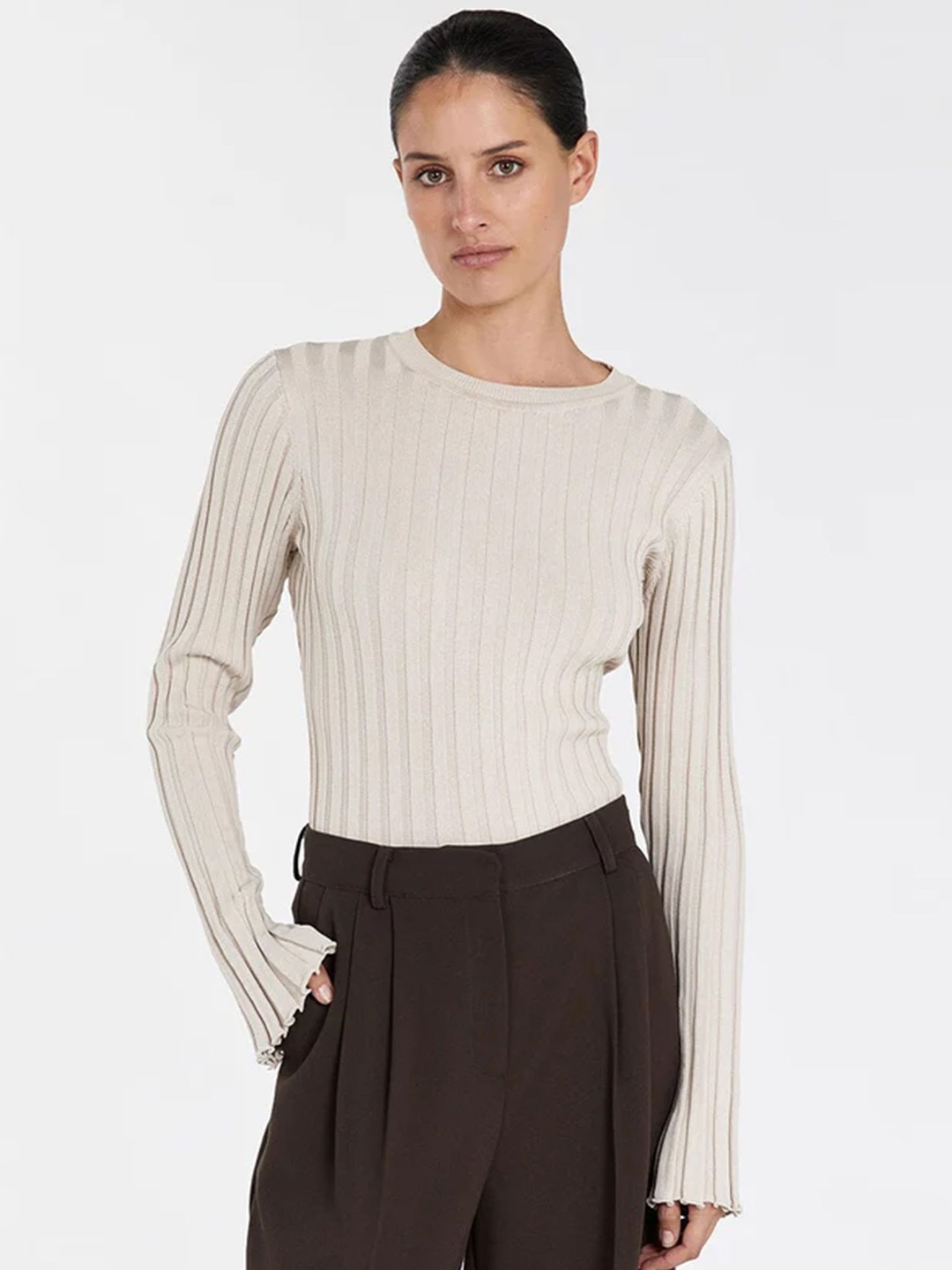 

LULU & SKY Women Ribbed Extended Sleeves Fitted Top, Khaki