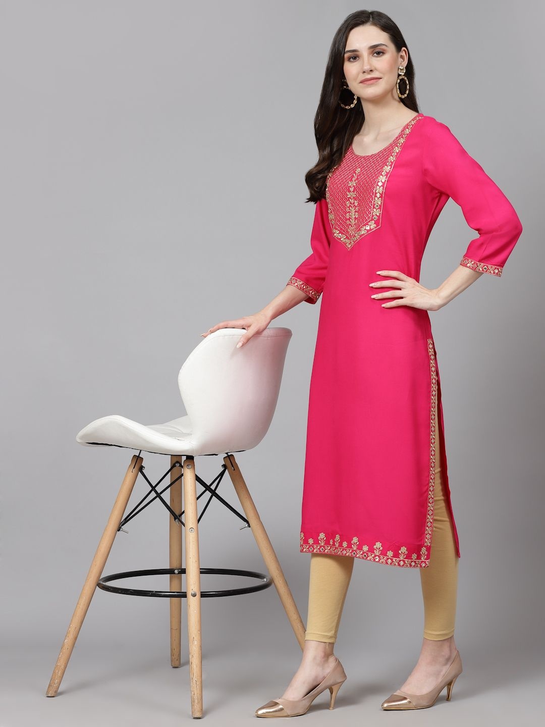 

His&Her Floral Zari Embroidered Round Neck Straight Kurta, Pink