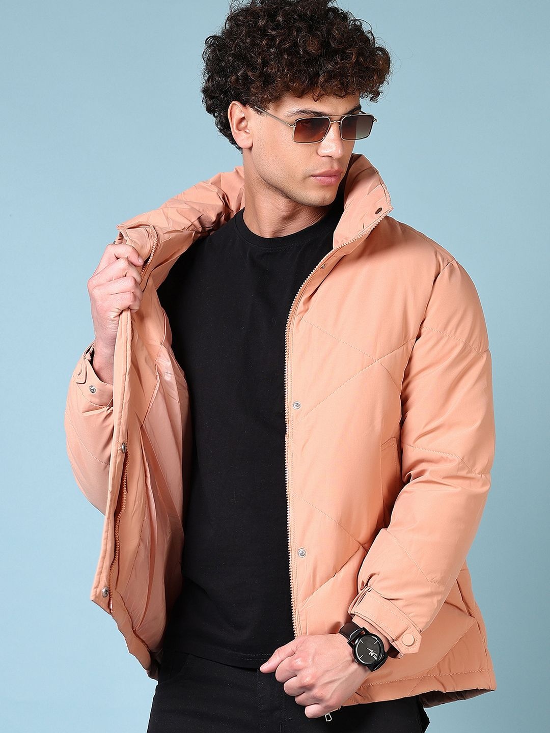 

V-Mart Men Mock Collar Solid Cotton Casual Padded Jacket, Peach