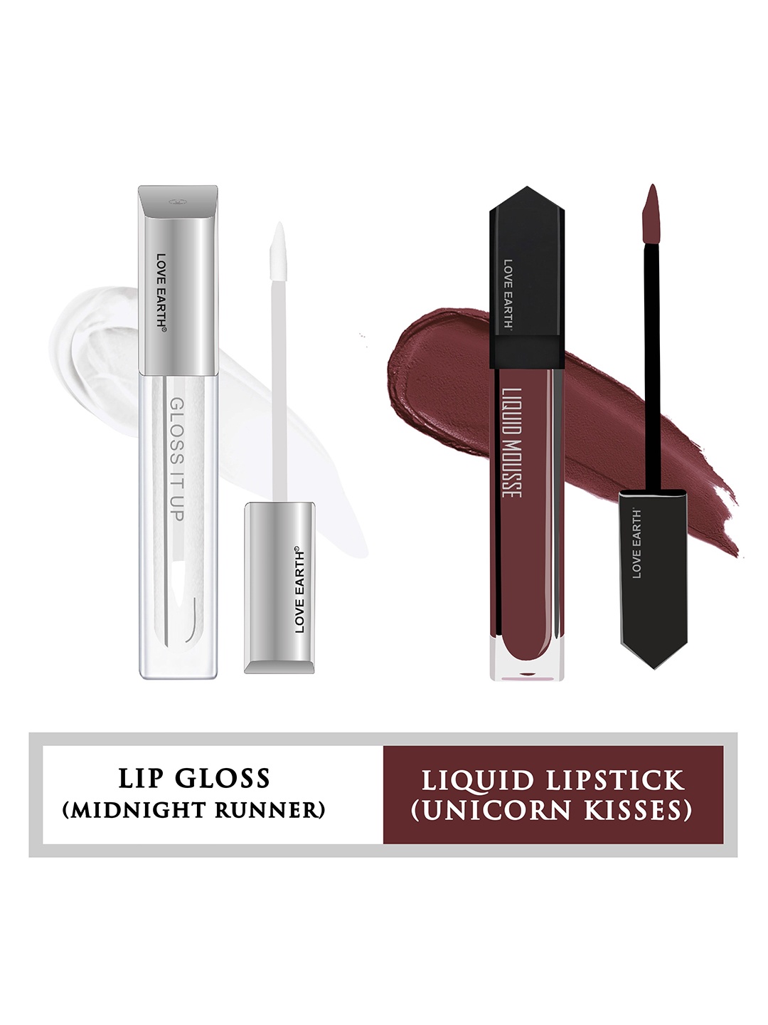 

LOVE EARTH Set of Liquid Mousse Matte Lipstick 6 ml & Gloss It Up Lip Gloss 3ml, Burgundy