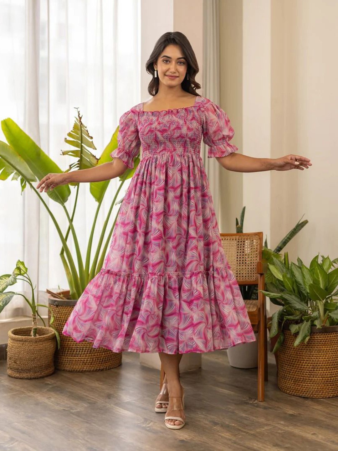

BAESD Women Printed Puff Sleeves Fit and Flare Square Neck Maxi Fit and Flare Dress, Pink