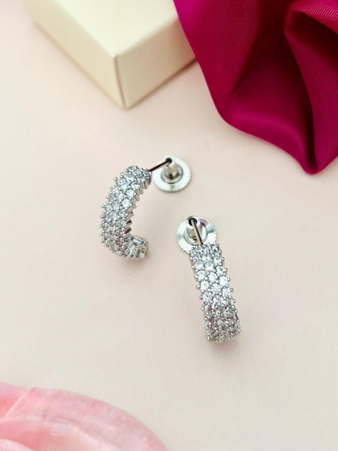 

ABDESIGNS Silver-Plated Classic American Diamond Studded Half Hoop Earrings