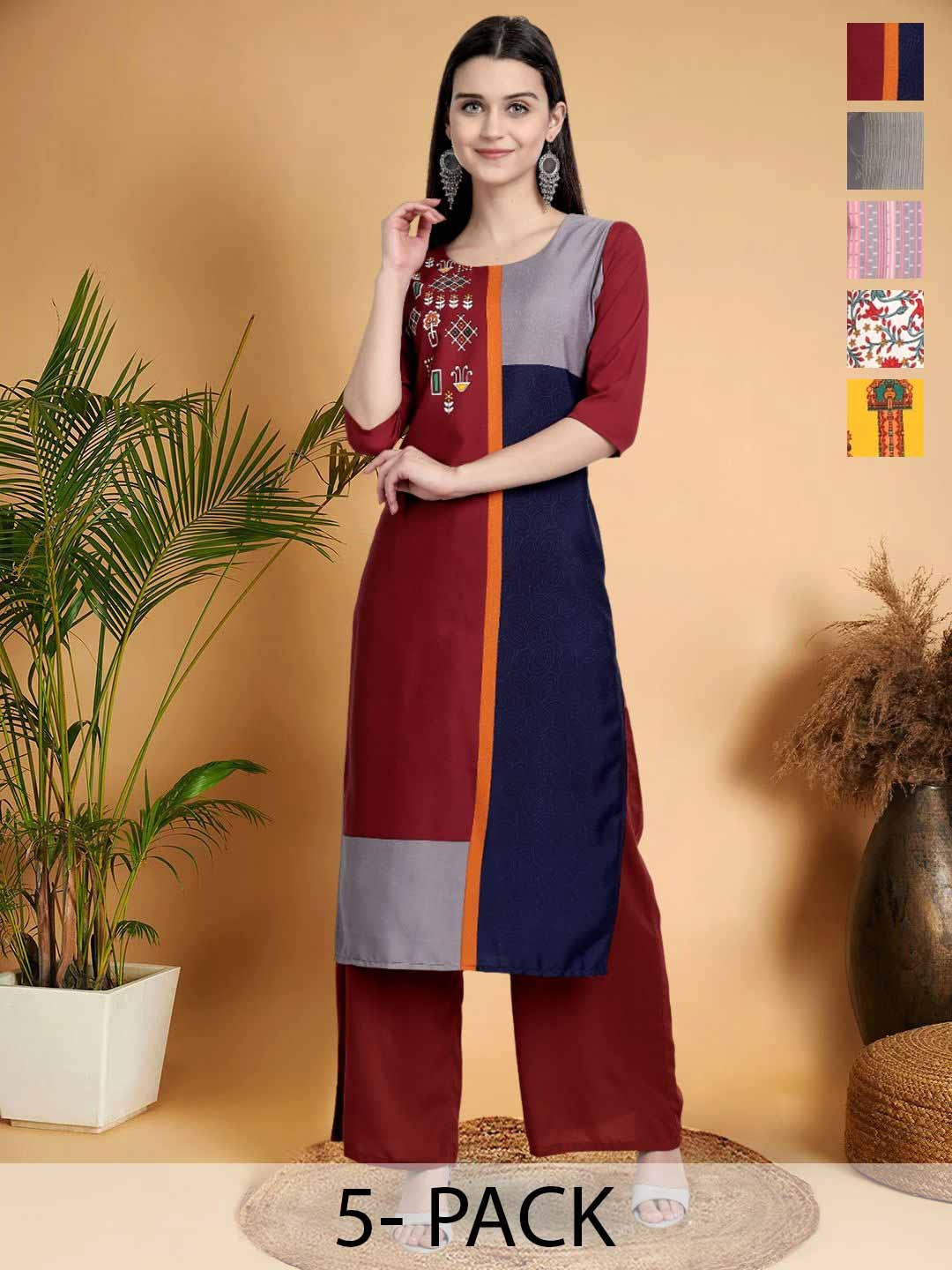 

7Threads Selection Of 5 Colourblocked Printed Straight Kurtas, Maroon