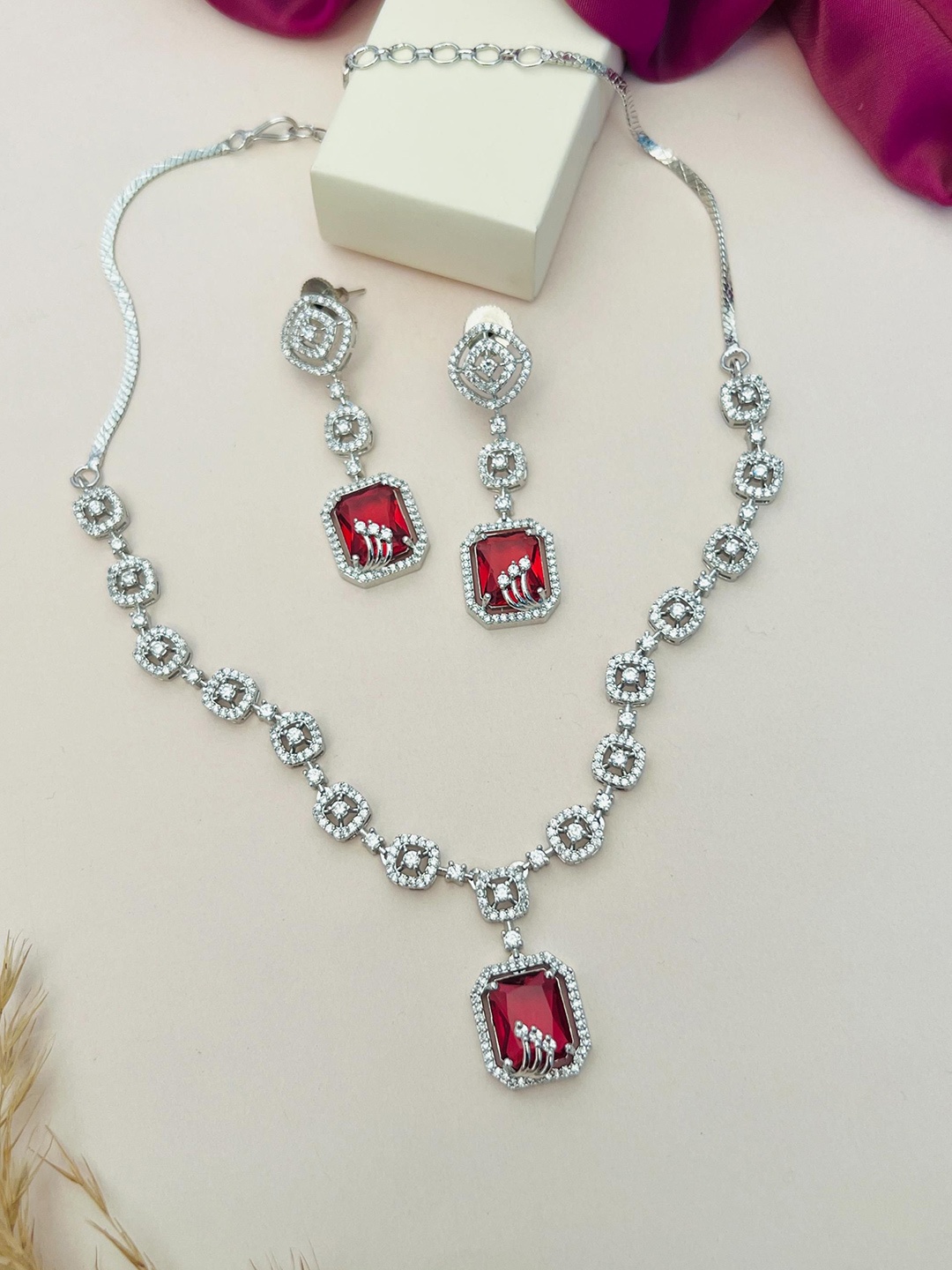 

ABDESIGNS Sliver Plated American Diamond Studded Jewellery Set, Silver