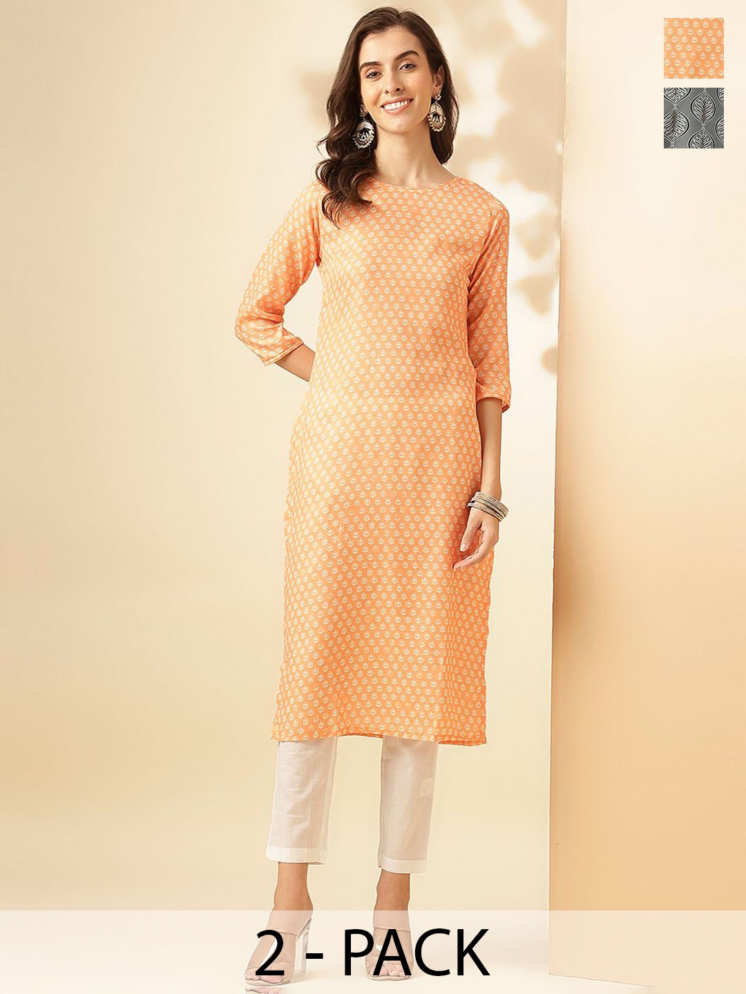 

KALINI Selection of 2 Woven Design Round Neck Straight Kurtas With Trousers, Orange